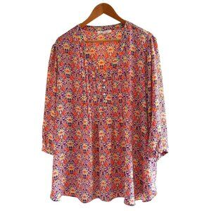 Rose & Olive Boho Floral Blouse Size 2X Half Sleeve Flowy Button Front Top